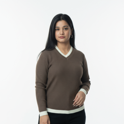 Women’s Brown V-Neck Ribbed Sweater with White Border – Winter Cozy Fit
