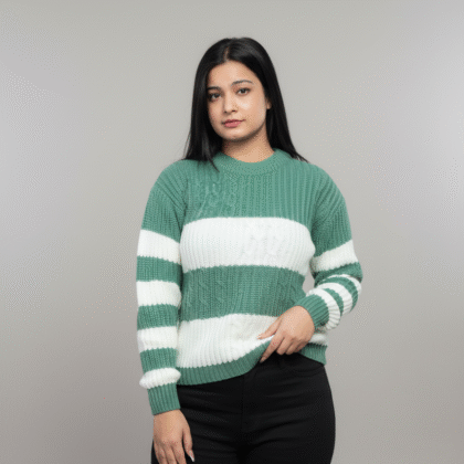 Women’s Green & White Striped Knitted Sweater – Winter Cozy Wear