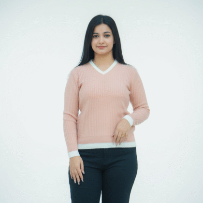 Women’s Light Pink V-Neck Ribbed Sweater with White Border – Soft Winter Wear