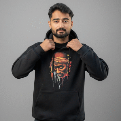 Men’s Black Graphic Hoodie – 100% Cotton Fleece | Artistic Print