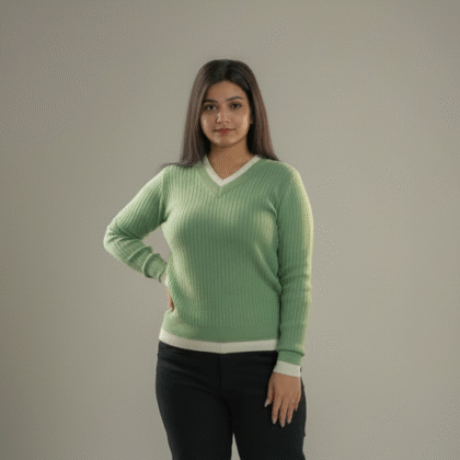 Women’s Light Green V-Neck Ribbed Sweater with White Border – Soft & Cozy Winter Wear