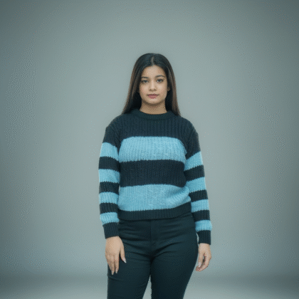 Women’s Black & Blue Striped Knitted Sweater – Winter Casual Wear